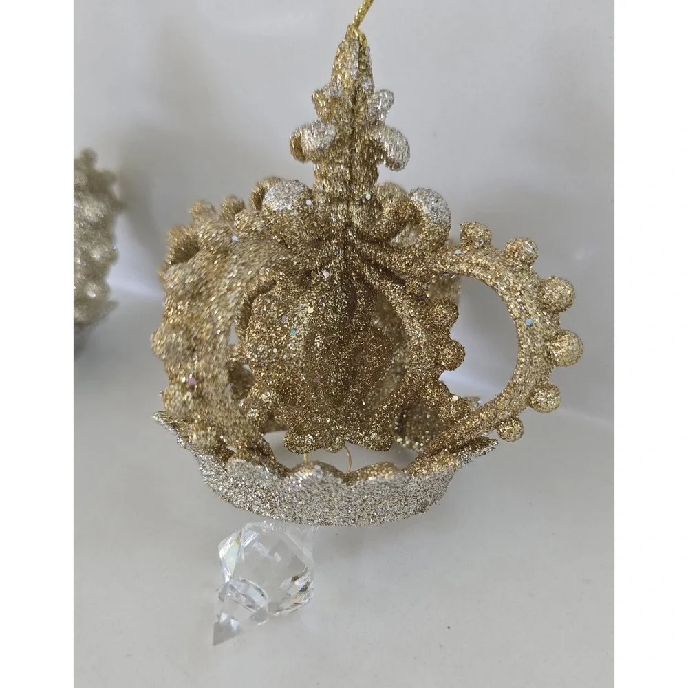 New Kurt Adler Gold Silver Glitter Crown Christmas Ornaments Crystals Set of 2